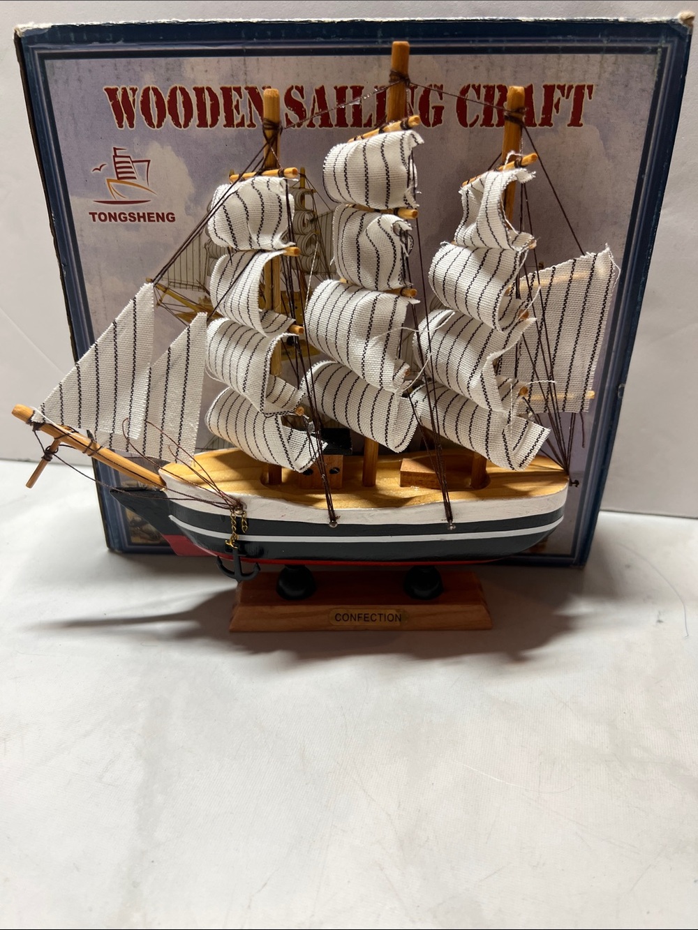 White & Black Striped Wooden Sailing Ship Home Art
